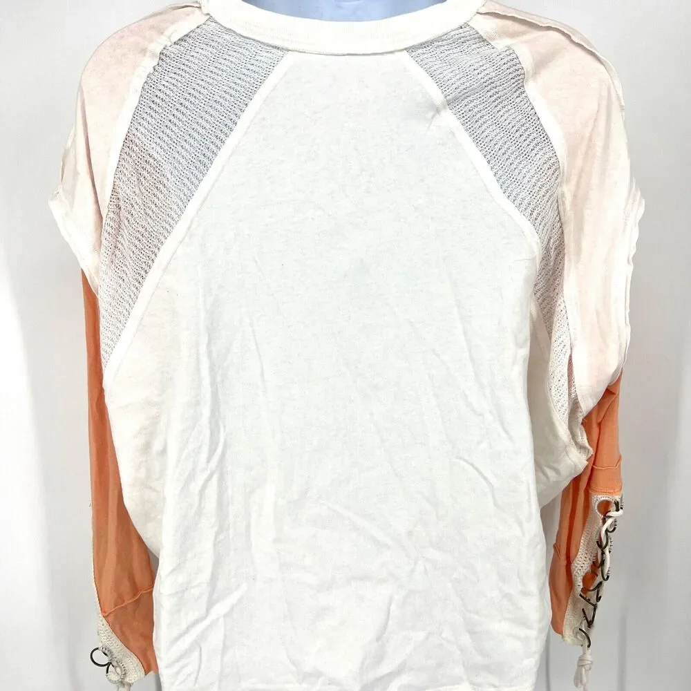 Free People Call Billie Tee 100% Cotton Chain Link Sleeve Detail White Peach S
